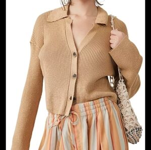 Free People Ella Ribbed Knit Collared Button-Up Cardigan